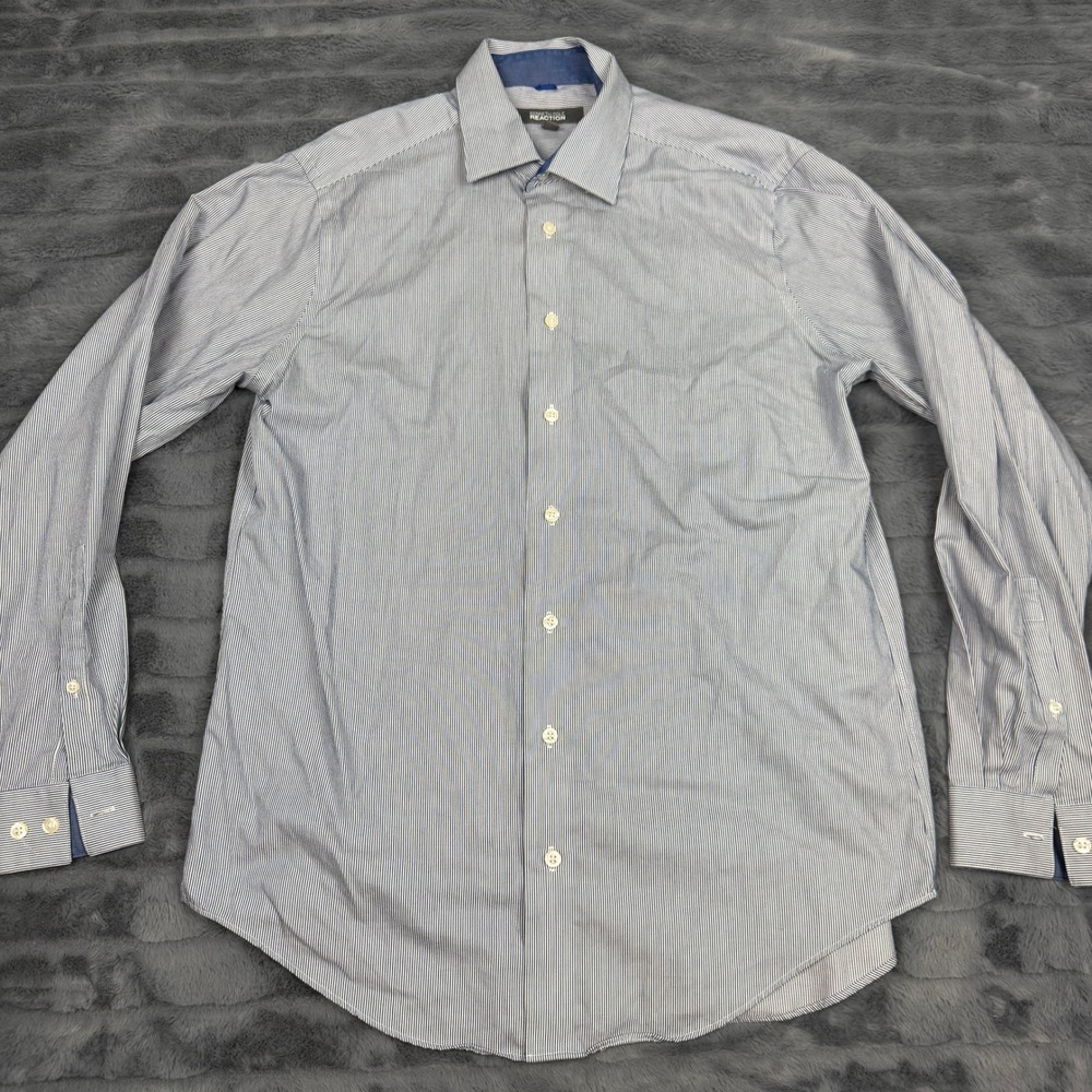 Kenneth Cole Reaction Mens Blue Stripe Slim Fit Dress Shirt 16-16.5 34-35 L